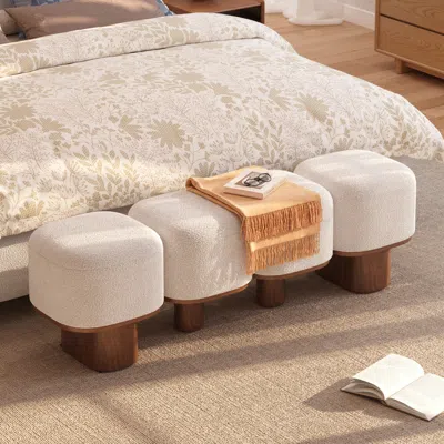 Homary 56" Modern Boucle Bedroom Bench With Rubber Wood Legs In White