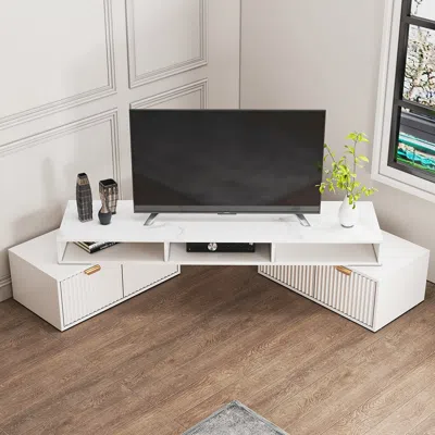 Homary 56.6 Inch Tv Stand White Corner Media Console Fluted With 2 Drawers & 5 Shelves
