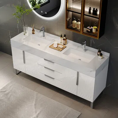 Homary 59" Bathroom Vanity Freestanding Cultured Marble Top With Double Sink Drawers & Doors White