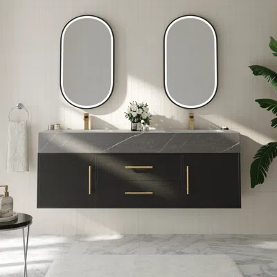 Homary 59" Black Double Sink Bathroom Vanity With Brushed Gold Handles Floating Design In Gray