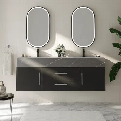 Homary 59" Black Double Sink Bathroom Vanity With Silver Handles, Floating Design