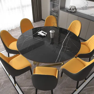Homary 59" Black Modern Round Faux Marble Dining Table Gold Base For 8 Seaters