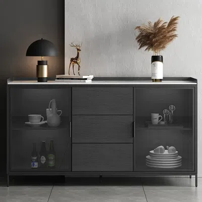 Homary 59" Black Sideboard Buffet Doors&drawers Stone Top Modern Sideboard Cabinet In Large