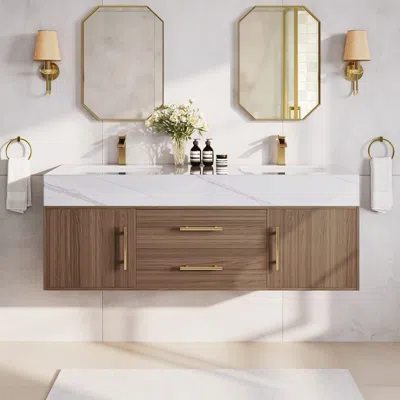 Homary 59" Double Sink Bathroom Vanity With Gold Handles – Walnut Modern Floating Vanity In Brown