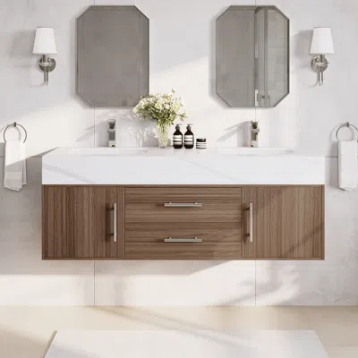 Homary 59" Double Sink Bathroom Vanity With Silver Handles – Walnut Modern Floating Vanity In Brown