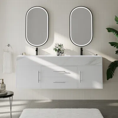 Homary 59" Double Sink Bathroom Vanity With Silver Handles – White Modern Floating Vanity