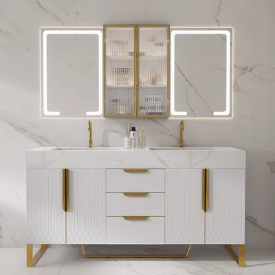 Homary 59" Double Sink Freestanding Vanity Set With Led Medicine Cabinet With Storage In White