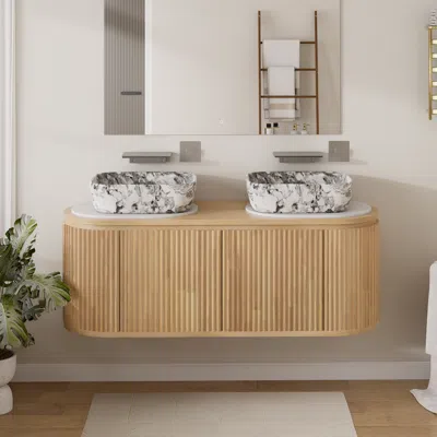 Homary 59" Freestanding Bathroom Vanity Set With Double Cultured Marble Sinks Natural In Brown