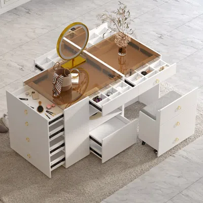 Homary 59" Vanity Dresser Glass Top Walk In Closet Island With Storage & Stool In White