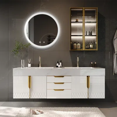 Homary 59" Wall Mounted Bathroom Vanity Faux Marble Top With Double Sink White In Multi
