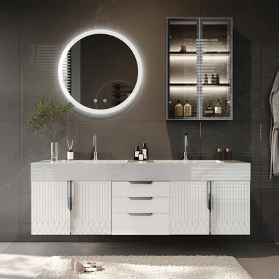 Homary 59" Wall Mounted Bathroom Vanity Faux Marble Top With Double Sink White