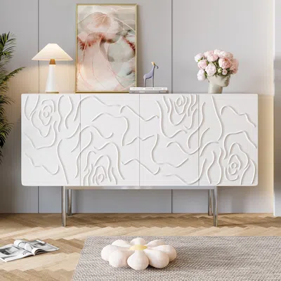 Homary 59" White Sideboard Buffet With Doors Modern Carved Credenza Adjustable Shelves