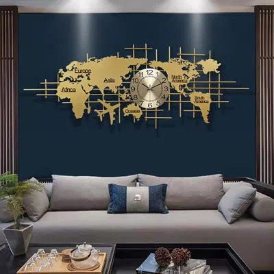 Homary 59" X 23" Luxury Oversized World Map Wall Clock Golden Metal Home Decor In Gray