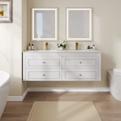 Homary 59.1" Floating Bathroom Vanity Set Ceramic Top With Undermounted Double Sinks & 4 Drawers In White
