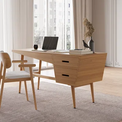 Homary 59.1" Mid Century Modern Natural Writing Desk Wooden Computer Desk With 2 Drawers 4 Legs In Brown