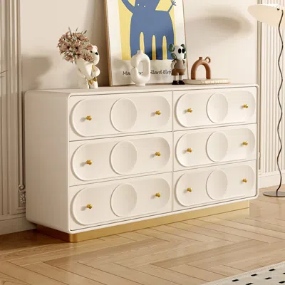 Homary 59.1"w Art Deco White & Gold 6 Drawer Dresser Chest With Storage Cabinet
