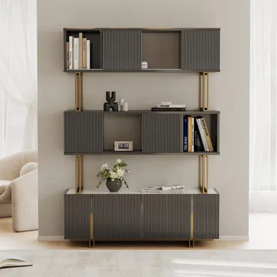 Homary 5-shelf Glossy Black Bookshelf Etagere Tall Bookcase For Home & Office (72.8" High) In Gray