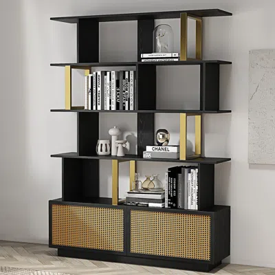 Homary 5-tier Black Wood Bookshelf With 2 Doors Modern Bookcase In Gold Finish