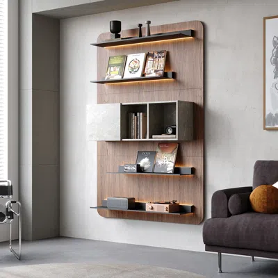 Homary 5-tier Modern Walnut Floating Bookshelf With Storage And Led Bookcase In Brown