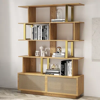 Homary 5-tier Natural Wood Bookshelf With 2 Doors Modern Bookcase In Gold Finish
