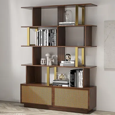 Homary 5-tier Walnut Bookshelf With 2 Drawers Wooden Bookcase In Gold (64.8" High) In Brown