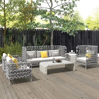 Homary 6 Pieces Aluminum & Rope Outdoor Sofa Set With Coffee Table And Cushion Pillow In Gray In White