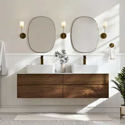Homary 60" Double-sink Bathroom Vanity In Walnut Floating Design In Brown