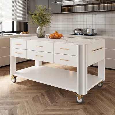 Homary 60" White Kitchen Island With Drawers & Wheels Modern Kitchen Cabinet