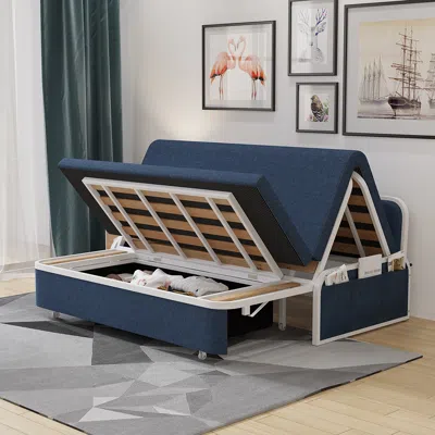 Homary 60.2" Modern Blue Cotton Linen Upholstered Convertible Sofa Bed With Storage