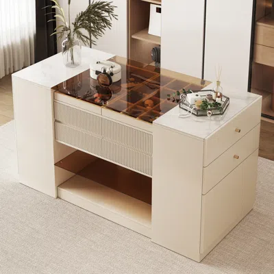 Homary 60"w Modern Off White Dresser With Doors & Drawers Walk In Closet Island Jewelry Storage