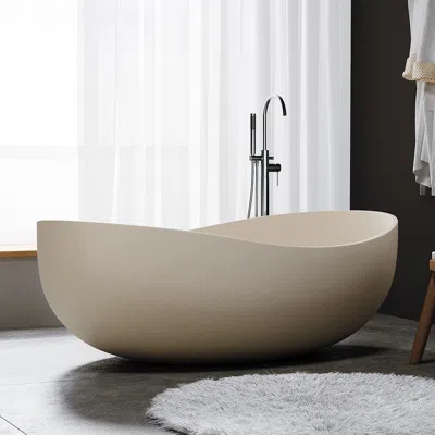 Homary 63" Industrial Concrete Soaking Bathtub Oval Cement Freestanding Bathtub In Beige In White