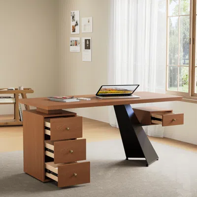 Homary 63" Light Walnut Office Desk With Drawer, Modern Workspace, Engineered Wood, Black/ Light Walnut Fin In Brown