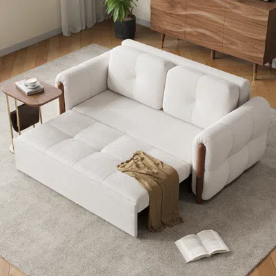 Homary 63" Mid-century Modern 2-seater Boucle Convertible Futon Sofa Bed  With Ash Wood In White