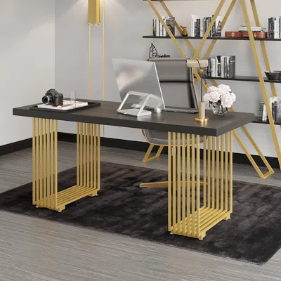 Homary 63" Modern Black Office Desk With Solid Wood Top And Gold Frame, Rectangular Computer Desk