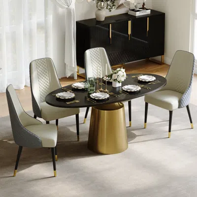 Homary 63" Modern Oval Faux Marble Top Dining Table With Bronze Carbon Steel Base In Multi