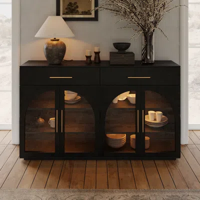 Homary 63" Modern Sideboard Wooden Buffet With Storage & Light In Brown