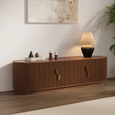 Homary 63" Solid Wood Fluted Tv Stand Mid Century Modern Media Console With Storage In Walnut In Brown