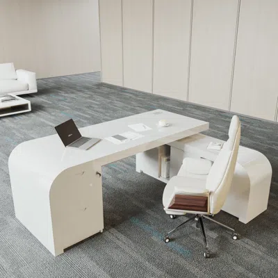 Homary 63.0" White L-shaped Modern Executive Desk Left Hand & Reclining Leather Office Chair