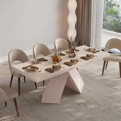 Homary 63"-79" Extendable Whitewash Dining Table Modern Farmhouse Rectangle 4-6 Seater Pedestal In Neutral