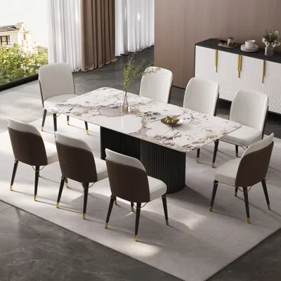 Homary 63"-79" Rectangle Dining Table Extendable Faux Marble Top For 6 People Modern In White