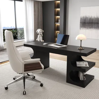 Homary 64.2" Black Wooden Writing Desk & White Leather Office Desk Chair Set High Back