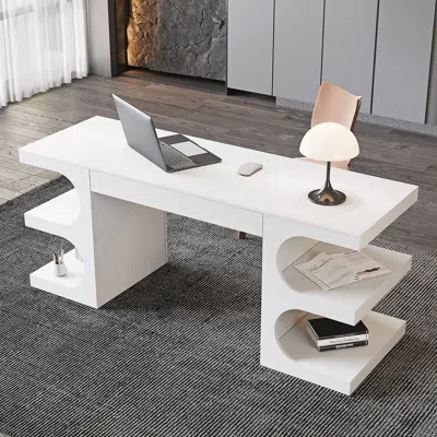 Homary 64.2" White Wooden Writing Desk & Black Leather Office Desk Chair Set High Back