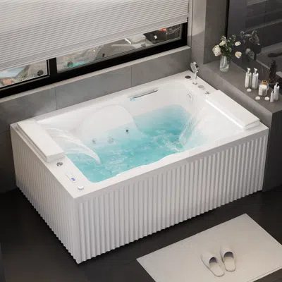 Homary 66.7" Double Jacuzzi Bathtub With Led-lit & Waterfall Pillow Rectangular Acrylic Whirlpool Water Jet In White