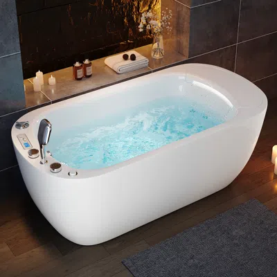 Homary 66.7" Rectangular Jacuzzi Bathtub Acrylic With Jetted Massage & Led-lit Waterfall Pillow Modern In White