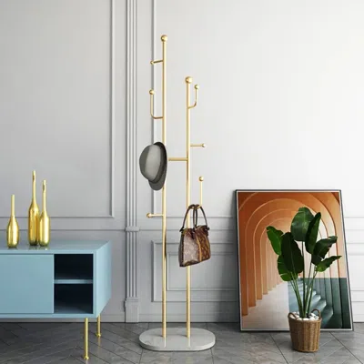 Homary 67" Gold Standing Coat Rack With 7 Hooks Faux Marble Base Entryway Clothing Rack In Multi