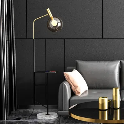 Homary 67" Modern Tray Table Floor Lamp 1-light Cognac Dome Glass Shade In Black In Gold