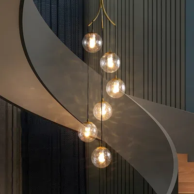 Homary 6-light Led Glass Entryway Foyer Bubble Chandelier Tiered Long Pendant Light In Gold