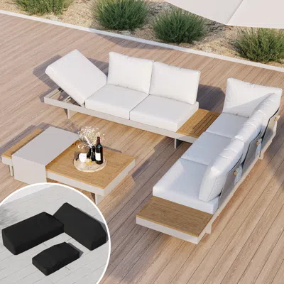 Homary 6-person Modular Outdoor Sofa Set With Premium Teak Table & Aluminum Frame, Light Gray Cushions, Pro In White