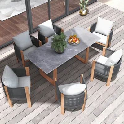 Homary 7 Pcs 70.9" Faux Marble Outdoor Dining Table Set With Woven Rope Chairs In Gray For 6 Person Patio & In White