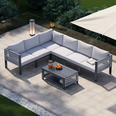 Homary 7 Pcs Modern Modular  L-shaped Patio Outdoor Sectional Sofa Set With Coffee Table In Light Gray For  In White